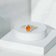 Orange Fire Opal Oval Shape Engagement Ring with Moissanite