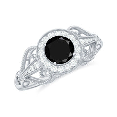 5mm Round Black Onyx Vintage Engagement Ring with Diamond Halo