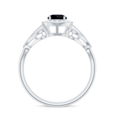 5mm Round Black Onyx Vintage Engagement Ring with Diamond Halo