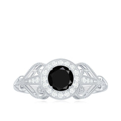 5mm Round Black Onyx Vintage Engagement Ring with Diamond Halo