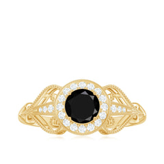 5mm Round Black Onyx Vintage Engagement Ring with Diamond Halo