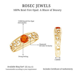 Vintage Style Fire Opal Solitaire Anniversary Band Ring with Diamond