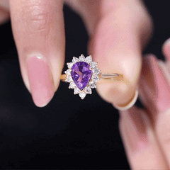 Pear Shape Amethyst Teardrop Ring with Diamond Halo
