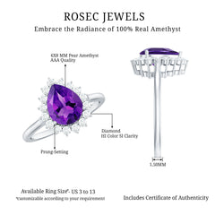 Pear Shape Amethyst Teardrop Ring with Diamond Halo