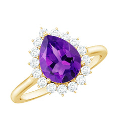Pear Shape Amethyst Teardrop Ring with Diamond Halo