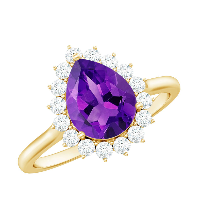 Pear Shape Amethyst Teardrop Ring with Diamond Halo