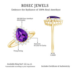 Pear Shape Amethyst Teardrop Ring with Diamond Halo