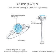 Bezel Set Aquamarine Solitaire Engagement Ring with Diamond