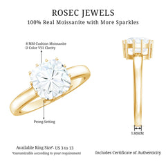 Certified 8 MM Cushion Cut Moissanite Solitaire Engagement Ring