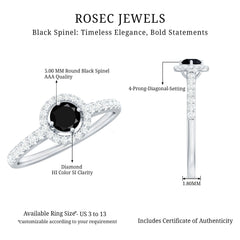 Minimal Black Spinel Minimal Engagement Ring with Diamond Halo