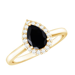Certified Real Black Spinel Teardrop Engagement Ring with Diamond Halo