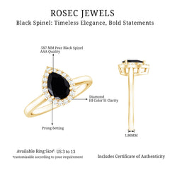 Certified Real Black Spinel Teardrop Engagement Ring with Diamond Halo