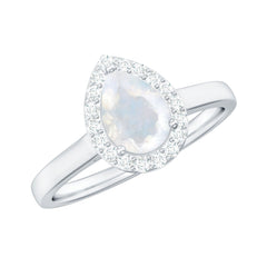 Pear Shaped Moonstone Halo Engagement Ring with Diamond