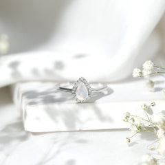 Pear Shaped Moonstone Halo Engagement Ring with Diamond