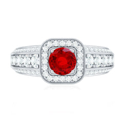Lab Grown Ruby and Moissanite Halo Engagement Ring