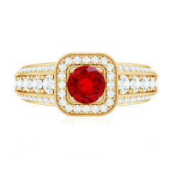 Lab Grown Ruby and Moissanite Halo Engagement Ring