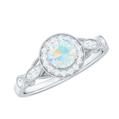 Genuine Ethiopian Opal Antique Looking Engagement Ring with Diamond Halo