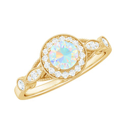 Genuine Ethiopian Opal Antique Looking Engagement Ring with Diamond Halo