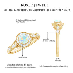 Genuine Ethiopian Opal Antique Looking Engagement Ring with Diamond Halo