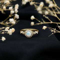 Genuine Ethiopian Opal Antique Looking Engagement Ring with Diamond Halo