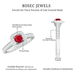 Vintage Style Lab Ruby and Diamond Halo Engagement Ring