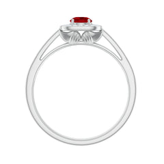 Vintage Style Lab Ruby and Diamond Halo Engagement Ring