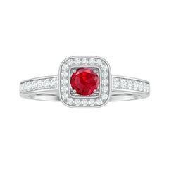 Vintage Style Lab Ruby and Diamond Halo Engagement Ring