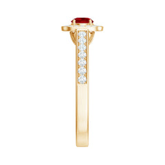 Vintage Style Lab Ruby and Diamond Halo Engagement Ring
