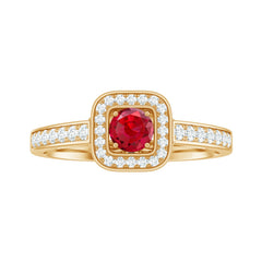 Vintage Style Lab Ruby and Diamond Halo Engagement Ring