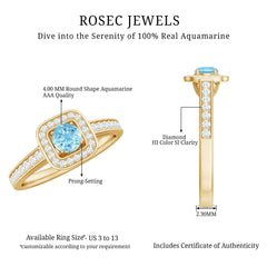 3/4 Carat Round Aquamarine and Diamond Halo Promise Ring