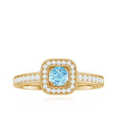 3/4 Carat Round Aquamarine and Diamond Halo Promise Ring