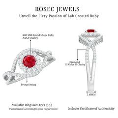 Certified Lab Ruby and Diamond Crossover Engagement Ring with Halo