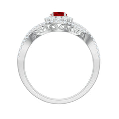Certified Lab Ruby and Diamond Crossover Engagement Ring with Halo
