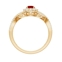Certified Lab Ruby and Diamond Crossover Engagement Ring with Halo