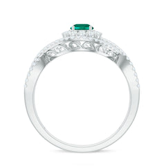 Certified Lab Grown Emerald Diamond Halo Engagement Ring with Crossover Shank
