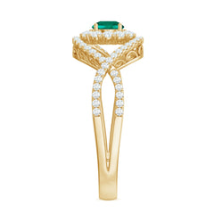 Certified Lab Grown Emerald Diamond Halo Engagement Ring with Crossover Shank
