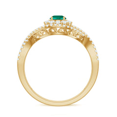 Certified Lab Grown Emerald Diamond Halo Engagement Ring with Crossover Shank
