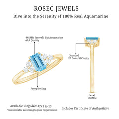 Aquamarine Emerald Cut Engagement Ring with Diamond Trio