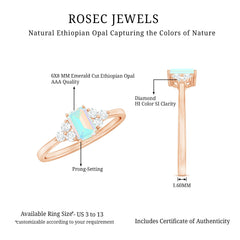 Certified Real Ethiopian Rainbow Opal Emerald Cut Engagement Ring with Diamond Trio