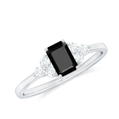 Emerald Cut Created Black Diamond Solitaire Ring with Diamond Trio