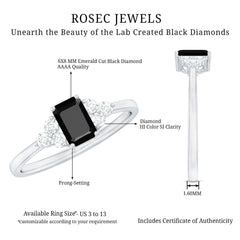 Emerald Cut Created Black Diamond Solitaire Ring with Diamond Trio