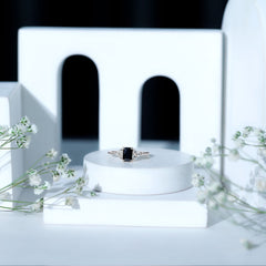 Emerald Cut Created Black Diamond Solitaire Ring with Diamond Trio