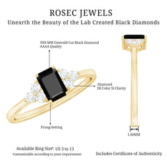 Emerald Cut Created Black Diamond Solitaire Ring with Diamond Trio