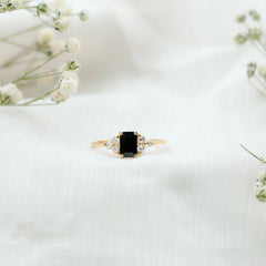 Emerald Cut Created Black Diamond Solitaire Ring with Diamond Trio