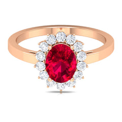 Natural 0.6 Carat Ruby Oval Engagement Ring with Diamond Halo