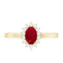 Natural 0.6 Carat Ruby Oval Engagement Ring with Diamond Halo
