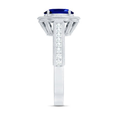 Certified 1.5 Carat Lab Grown Blue Sapphire Engagement Ring with Diamond Halo