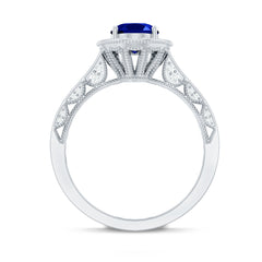 Certified 1.5 Carat Lab Grown Blue Sapphire Engagement Ring with Diamond Halo