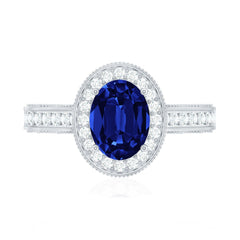 Certified 1.5 Carat Lab Grown Blue Sapphire Engagement Ring with Diamond Halo
