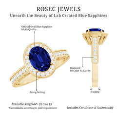 Certified 1.5 Carat Lab Grown Blue Sapphire Engagement Ring with Diamond Halo